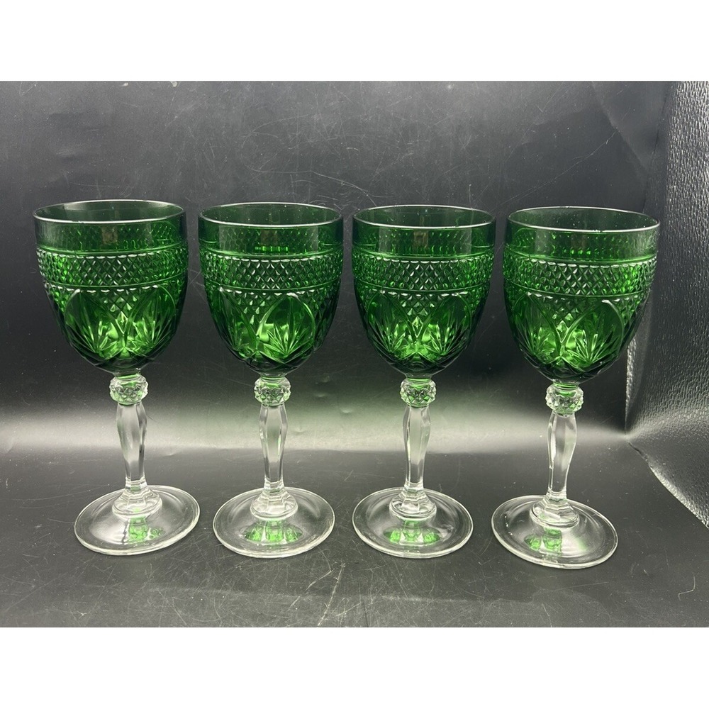 Vintage Cristal D'Arques Durand Emerald Green Water or Wine Goblets Set Of 4